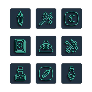 İksir şişesi, sihirli taş, ay ve yıldızlar, Tanrı 'nın her şeyi gören gözü, Tarot kartları ve eski sihirli anahtar ikonu. Vektör