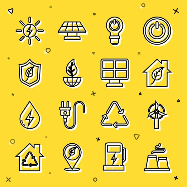 Hat fabrikası, rüzgar türbini, çevre dostu ev, yıldırımlı ampul, toprak küresi ve yaprak, kalkan, güneş enerjisi paneli ve ikon. Vektör