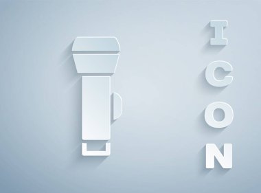 Kağıt kesiği El feneri simgesi gri arkaplanda izole edildi. Kağıt sanatı tarzı. Vektör