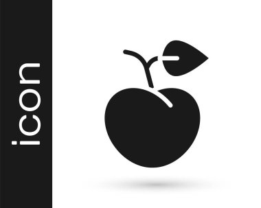 Beyaz zemin üzerinde yaprak simgesi olan siyah şeftali ya da nektarin. Vektör