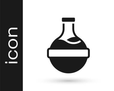 Beyaz zemin üzerinde iksir ikonu olan siyah şişe. Sihirli iksirli matara. Mutlu Cadılar Bayramı Partisi. Vektör