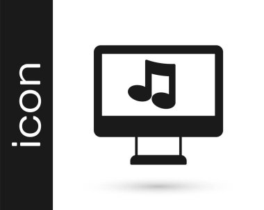 Ekran simgesinde nota sembolü olan siyah bilgisayar beyaz arkaplanda izole edildi. Vektör