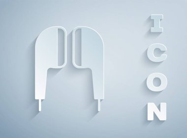 Kağıt kesiği hava kulaklığı simgesi gri arkaplanda izole edildi. Kulaklıklar için kablosuz cihaz. Elektronik cihazlar. Kağıt sanatı tarzı. Vektör