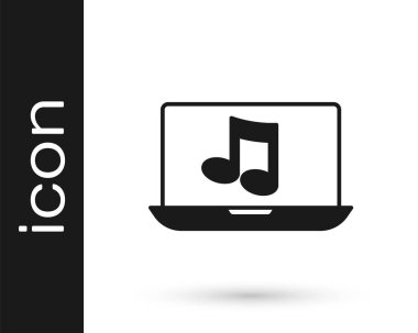 Ekran simgesinde nota sembolü olan siyah dizüstü bilgisayar beyaz arkaplanda izole edildi. Vektör