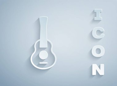 Kağıt kesiği Gitar simgesi gri arkaplanda izole edilmiş. Akustik gitar. Telli müzik aleti. Kağıt sanatı tarzı. Vektör