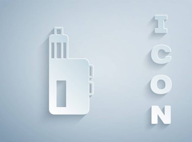 Kağıt kesiği Vape mod aygıt simgesi gri arkaplanda izole edildi. Tüttürme aleti. Buharlaştırıcı Cihaz. Kağıt sanatı tarzı. Vektör