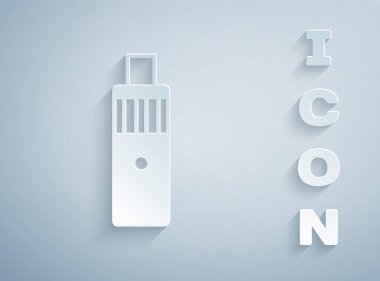 Kağıt kesiği Vape mod aygıt simgesi gri arkaplanda izole edildi. Tüttürme aleti. Buharlaştırıcı Cihaz. Kağıt sanatı tarzı. Vektör