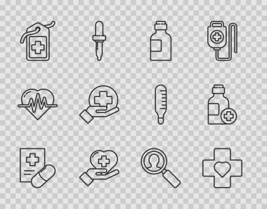 Hat reçetesi, çapraz reçeteli kalp, bir şişe ilaç şurubu, Cross Hastanesi tıbbi etiketi, analiz ve ikon. Vektör