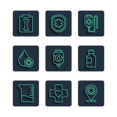 Ölçme kabını ayarla, haçlı kalp, harita göstergesi hastanesi, serum torbası, kan testi ve virüs, röntgen ve ilaç şurubu ikonu. Vektör
