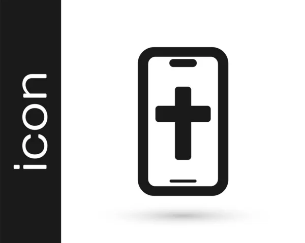 Zwart Christelijk Kruis Mobiele Telefoon Pictogram Geïsoleerd Witte Achtergrond Kerkkruis — Stockvector