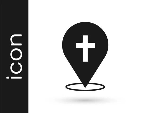 Black Map Pin Kerk Gebouw Pictogram Geïsoleerd Witte Achtergrond Christelijke — Stockvector