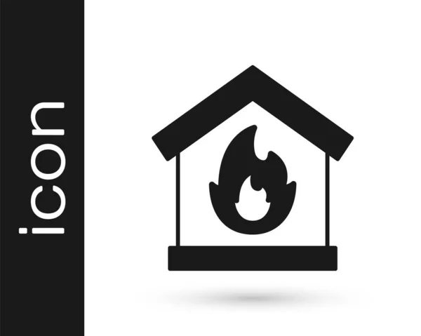 白の背景に隔離された燃える家のアイコンの黒い火 ベクトル — ストックベクタ