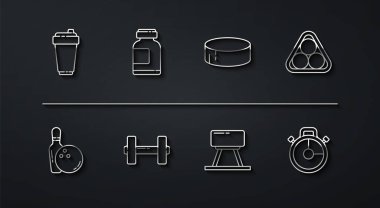 Set hattı fitness sallayıcısı, bovling topu, bilardo topu rafı üçgeni, Pommel atı, Dumbbell, Spor beslenmesi, Stopwatch ve Hokey diski ikonu. Vektör