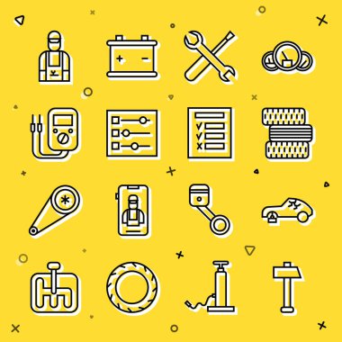 Hat Hammer, kırık araba, araba tekerleği, tornavida ve İngiliz anahtarı ayarları, çoklu metre, mekanik ve teftiş ikonu. Vektör