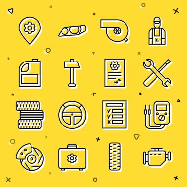 Hat kontrolü motoru, Multimetre, tornavida ve anahtar anahtarı, otomotiv turbo şarj aleti, Hammer, motor yağı için teneke kutu, araba servisli konum ve otomotiv simgesini kontrol edin. Vektör