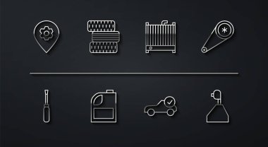 Hat konumunu araba servisi, tornavida, zamanlayıcı, otomatik kontrol kiti, otomotiv kontrol kutusu, motor yağı, araba tekerleği, vites kolu ve radyatör soğutma sistemi ikonu ile ayarla. Vektör