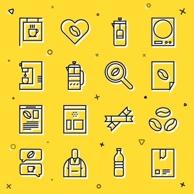 Kahve çekirdekleri, kahve poşeti, poster, Fransız basını, makine, sokak tabelası ve seçim ikonu. Vektör