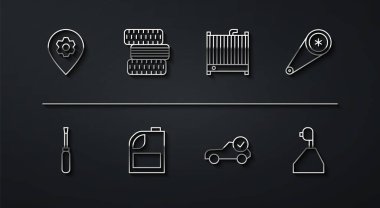 Hat konumunu araba servisi, tornavida, zamanlayıcı, otomatik kontrol kiti, otomotiv kontrol kutusu, motor yağı, araba tekerleği, vites kolu ve radyatör soğutma sistemi ikonu ile ayarla. Vektör