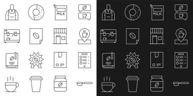 Çizgi kahve filtresi, menü, kahve bardağıyla yer, süt, poster, makine, barista ve dükkan ikonu için kağıt paket. Vektör