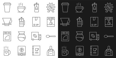 Set hattı Barista, Spoon, kahve makinesi, French press, V60 kahve makinesi, paket fasülye ikonu. Vektör