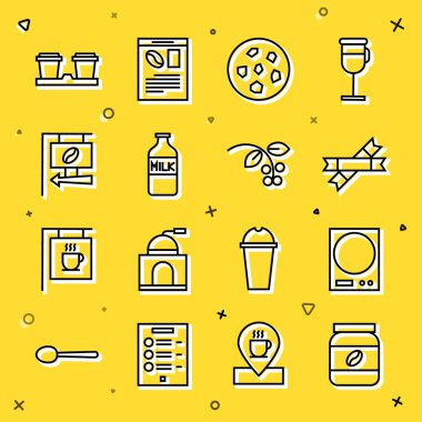 Set hattı kahve kavanozu şişesi, elektronik teraziler, şeker çubuğu paketleri, kurabiye ya da bisküvi, sütle şişe, sokak tabelası kahvesi, gidip fasülye kupası, dal simgesi. Vektör