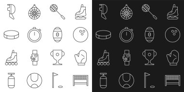 Bitiş çizgisinde Ribbon, Beyzbol eldiveni, Bowling, Tenis raketi, Stopwatch, Hokey diski, Kask maskesi ve Amerikan Futbol ikonu. Vektör