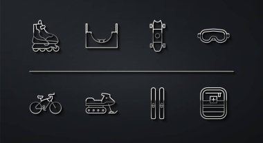 Çizgili paten, bisiklet, kayak gözlükleri ve çubuklar, kar aracı, kaykay parkı, ilk yardım çantası ve kaykay ikonu. Vektör