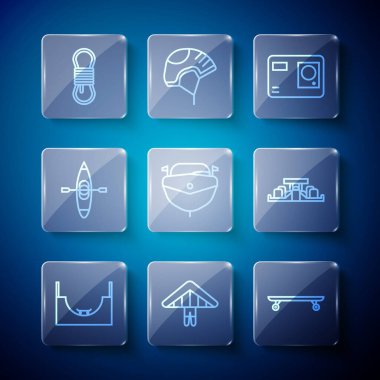 Hat kaykayı parkı, planör, kaykay, aksiyon kamerası, sürat teknesi, kano, tırmanma ipi ve Formula 1 yarış arabası ikonu. Vektör