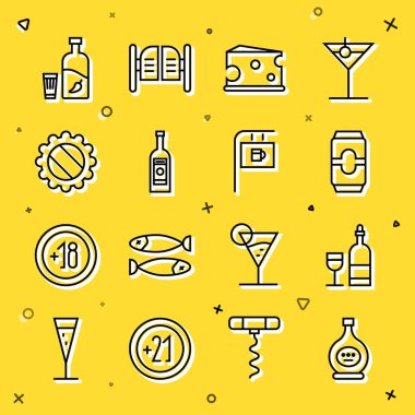 Bir şişe konyak ya da brendi, bardaklı şarap şişesi, bira kutusu, peynir, cam votka, şapka, votka biberi ve sokak tabelasının simgesi. Vektör