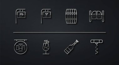 Bar, bar kapısı, açık şarap şişesi, kokteyl, şarap tirbuşonu ve tahta fıçı ikonu olan bir tabela koyun. Vektör