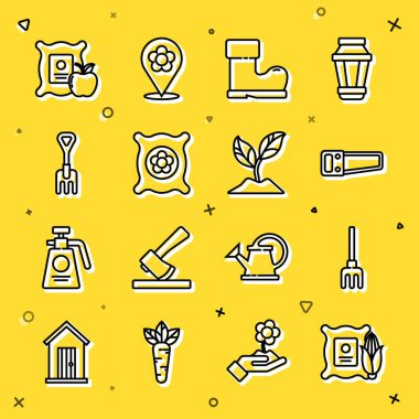 Çuvala mısırı, tırmığı, el testeresini, su geçirmez lastik botu, tohum dolu bitkiyi, elma ve bitki ikonunu yerleştirin. Vektör