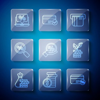 Para çantası, bozuk para, dolarla para, indirimli kart yüzdesi, kredi kartı, etiket, büyüteç, indirimli bilgisayar ve dolar bitkisi ikonu. Vektör