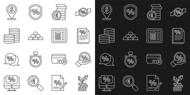 Satır tesisi, indirimli yüzde etiketi, finans belgesi, avro sembollü bozuk para, altın külçeler, nakit konum ve güvenli simge. Vektör