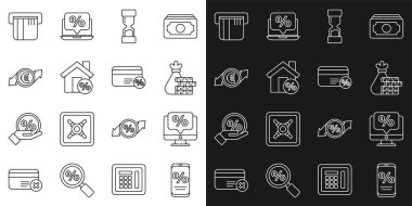 Yüzde indirimi ve cep telefonu, monitör, para çantası bozuk para, eski kum saati, perkant, mali büyüme avro, kredi kartı ve indirim yüzde ikonu olan ev. Vektör