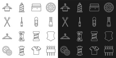 Dikiş, deri, fermuar, mezura, Awl aleti, örgü iğneleri, elbise dolabı ve güvenlik iğnesi simgesi için iğne yapın. Vektör