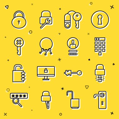 Satır Kapı Kolunu ayarla, Anahtar asma kilidin içinde kırıldı, Şifre koruması, Anahtarlı ev, Bunch anahtarları, Yanlış, Kilitle ve Hesap Simgesi Oluştur. Vektör