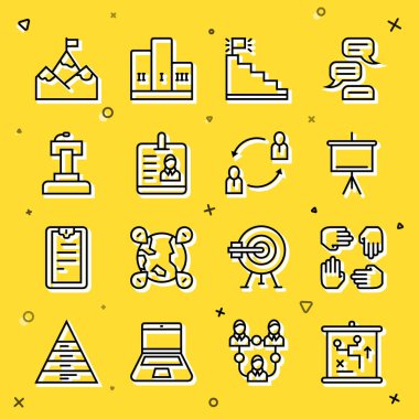 Hat planlama stratejisi, Proje ekibi tabanı, Chalkboard, bitiş bayrağı olan merdiven, kimlik kartı, sahne standı veya tribün, Dağlar ve İnsan Kaynakları ikonu. Vektör