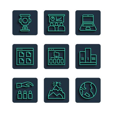 İşçi, dağ bayrağı, dünya küresi, dizüstü bilgisayar, tarayıcı dosyaları, ödül kupası ve kazanan podyum ikonu. Vektör