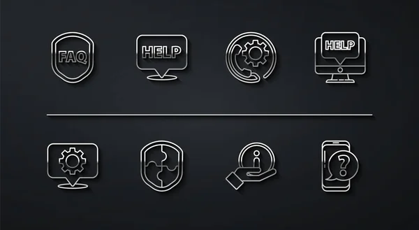 Définissez Bouclier Ligne Avec Texte Faq Équipement Localisation Moniteur Aide — Image vectorielle
