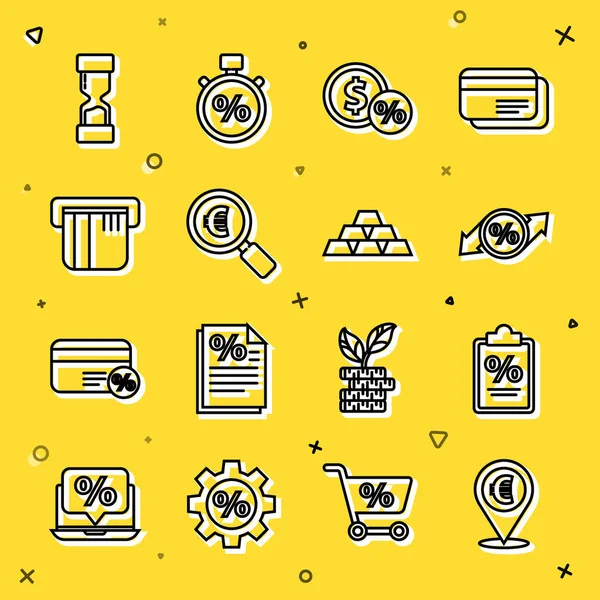 Nakit para, Finans belgesi, indirimli yüzde etiketi, büyüteç ve avroyla birlikte para, kredi kartı, eski kum saati ve altın külçeleri ikonu. Vektör