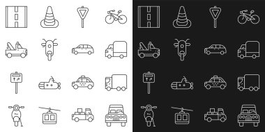 Çizgi arabası, kargo kamyonu, trafik levhası, Scooter, Tow ve Hatchback ikonu. Vektör