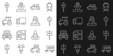 Rv Kamp karavanı, trafik levhası, teslimat kamyonu, kargo, traktör, hız limiti ve kargo gemisi simgesi. Vektör