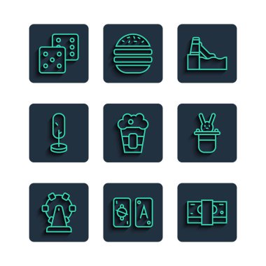 Dönme dolap, Tarot kartları, kağıt para, su kaydırağı, kutuda patlamış mısır, ağaç, oyun zarları ve sihirbaz şapkası ve tavşan ikonu. Vektör