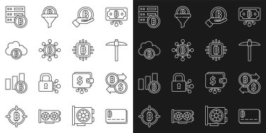 Hat kredi kartını bitcoin ile ayarla, Kripto para değişimi, Kazma, El Tutma Bitcoin, Blockchain teknolojisi, bulut madenciliği, Sunucu ve CPU çiftlik ikonu. Vektör