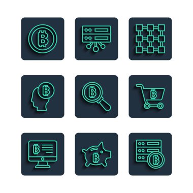 Monitörden madencilik bitcoin, Piggy Bank, Server, Blockchain teknolojisi Bitcoin, Think ve alışveriş arabası ikonlu büyüteç. Vektör