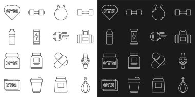 Set hattı kum torbası, Smartwatch, Sport, Kettlebell, Spor beslenmesi, fitness karıştırıcı, spor salonu kalbi ve tenis topu ikonu. Vektör