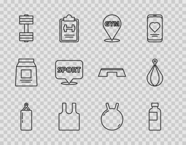 Sıralı Kum Torbası, Spor Salonu, Kolsuz Tişört, Dumbbell, Kettlebell ve ikon. Vektör