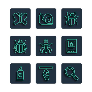 Böceklere, kelebek kozasına, büyüteçlere, pis kokulu böceğe, termitlere, Colorado böceğine ve ikonla ilgili kitaplara karşı sıra oluştur. Vektör