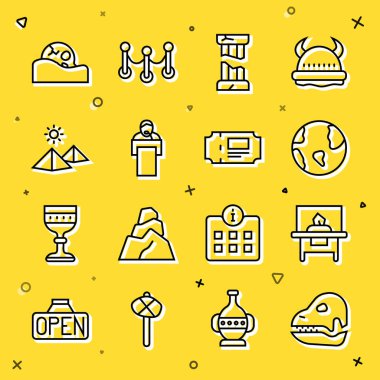 Dinozor kafatası, sergi için cam vitrin, dünya küresi, kırık antik sütun, konferans veren Mısır piramitleri, insan ve müze bileti ikonu. Vektör