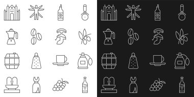 Bir şişe şarap, parfüm, zeytin dalı zeytin yağı, kahve çekirdekleri, moka demliği, Milan Katedrali ve Roma askeri miğfer ikonu. Vektör